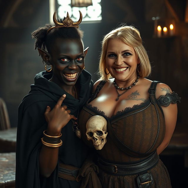 In an ancient medieval tavern under the light of day, a striking scene unfolds featuring a young African woman, 20 years old, with deep black skin and fierce red eyes that project a demonic aura