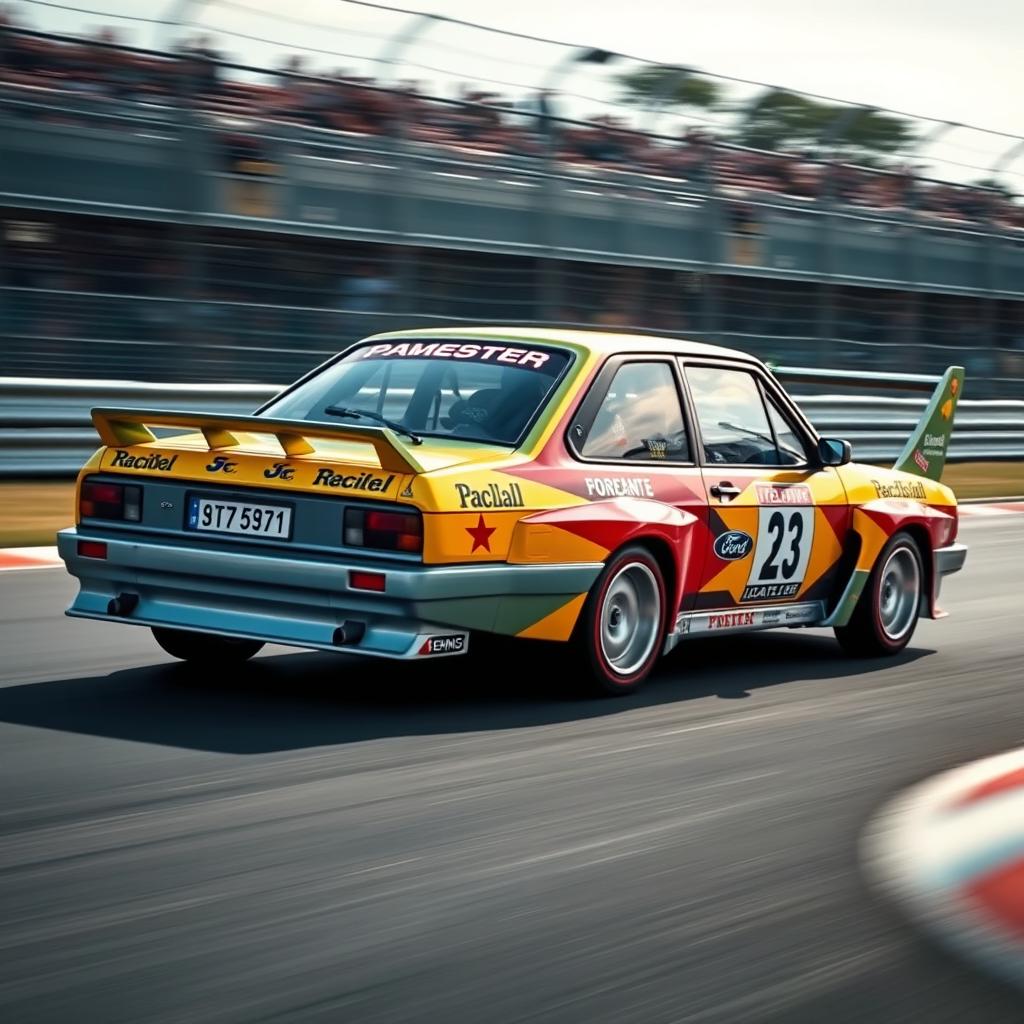 A Brazilian Ford Escort XR3 in a dynamic race setting, showcasing a vibrant paint job with racing decals, featuring aggressive body modifications like a sporty bumper and a rear spoiler