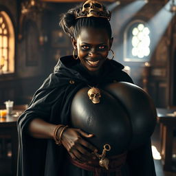 In an ancient medieval tavern bathed in daylight, a captivating scene features a young African woman, just 20 years old, with deep black skin and striking red eyes that convey a demonic essence