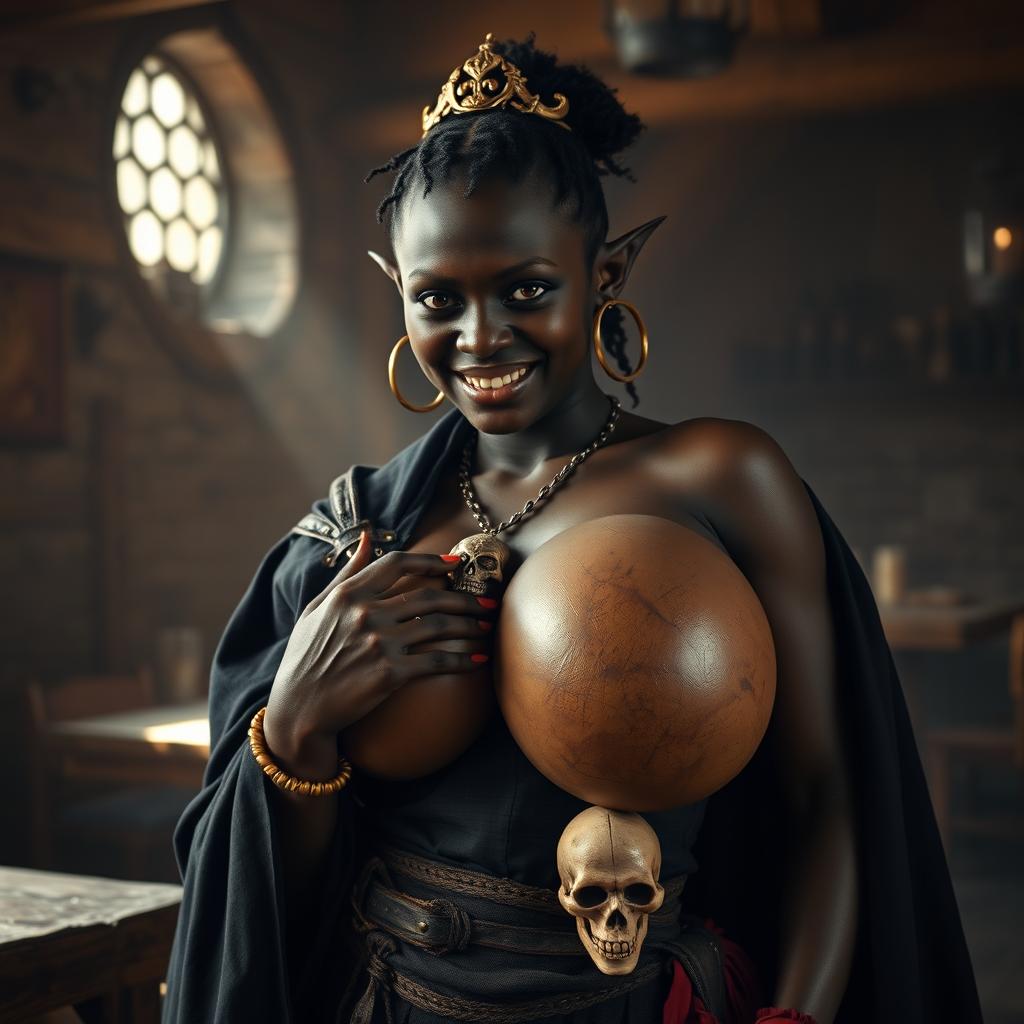 In an ancient medieval tavern bathed in daylight, a captivating scene features a young African woman, just 20 years old, with deep black skin and striking red eyes that convey a demonic essence