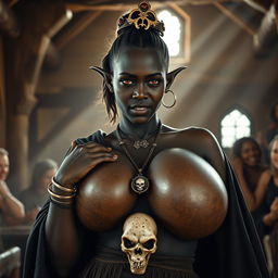 In an ancient medieval tavern bathed in daylight, a captivating scene features a young African woman, just 20 years old, with deep black skin and striking red eyes that convey a demonic essence