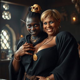 In an ancient medieval tavern illuminated by daylight, a vivid scene showcases a young African woman, 20 years old, with deep black skin and intense red eyes that project a demonic energy