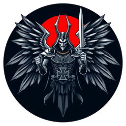 A round logo featuring a full depiction of Azrael, the god of death, with majestic wings