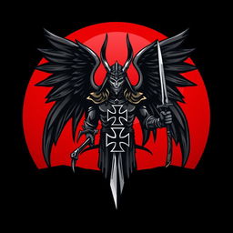 A round logo featuring a full depiction of Azrael, the god of death, with majestic wings