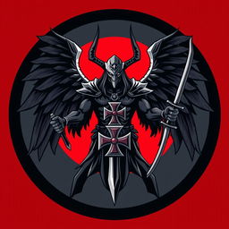 A round logo featuring a full depiction of Azrael, the god of death, with majestic wings