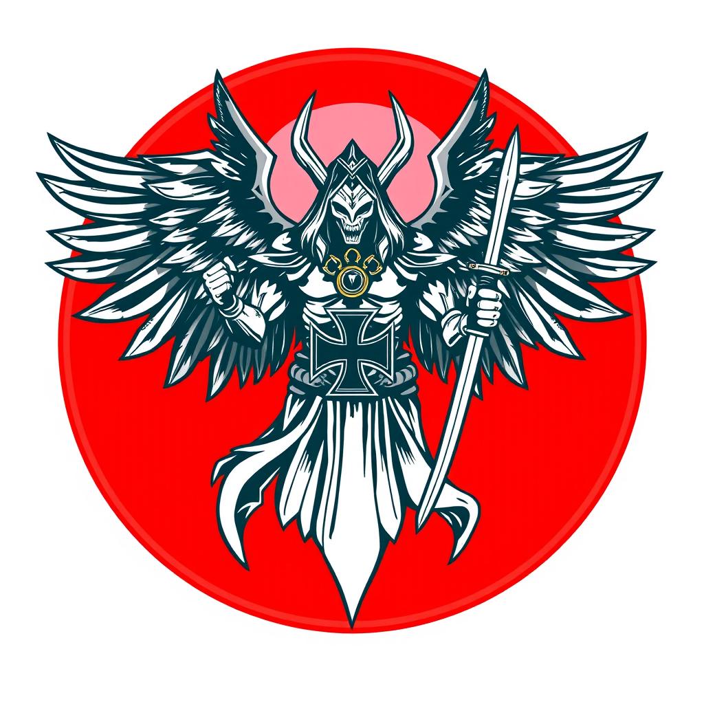 A round logo featuring a full depiction of Azrael, the god of death, with majestic wings