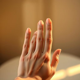 A close-up shot of a human hand with three fingers prominently extended, showcasing beautiful, well-groomed nails