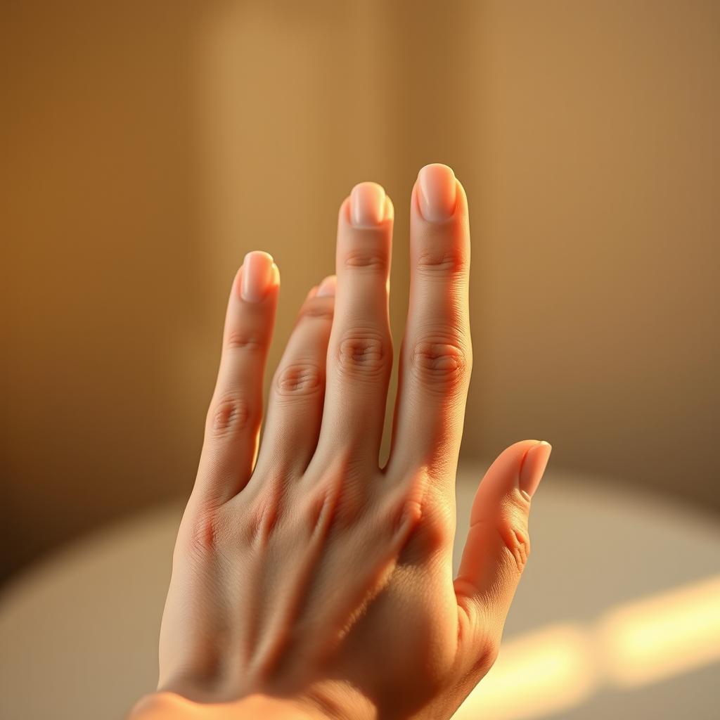A close-up shot of a human hand with three fingers prominently extended, showcasing beautiful, well-groomed nails