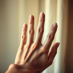A close-up shot of a human hand with three fingers prominently extended, showcasing beautiful, well-groomed nails