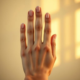 A close-up shot of a human hand with three fingers prominently extended, showcasing beautiful, well-groomed nails