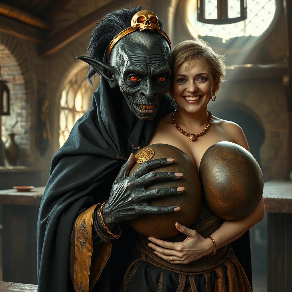 In an ancient medieval tavern illuminated by daylight, a surreal scene features an elderly African woman, 150 years old, characterized by her very black skin and striking red eyes that exude a demonic essence