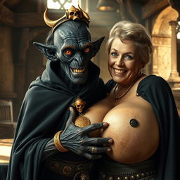 In an ancient medieval tavern illuminated by daylight, a surreal scene features an elderly African woman, 150 years old, characterized by her very black skin and striking red eyes that exude a demonic essence