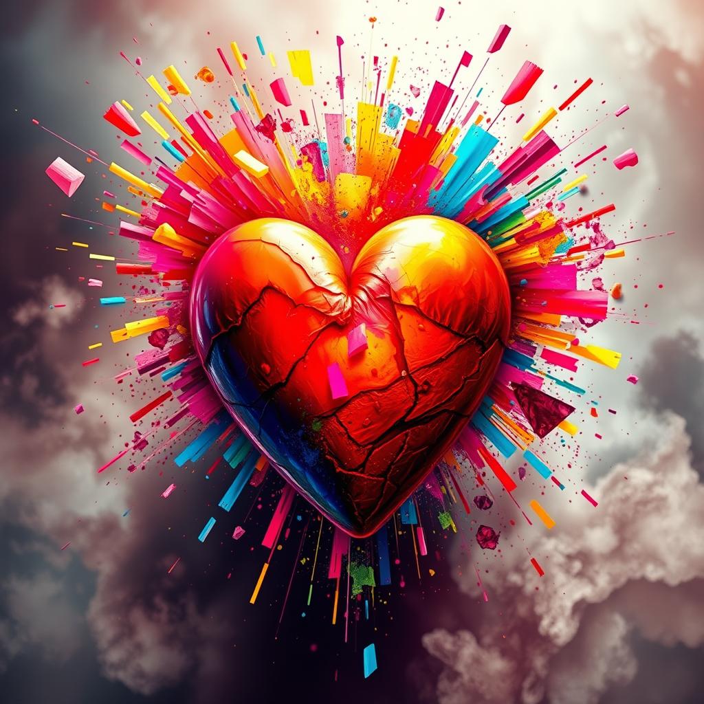 An explosive heart bursting with vibrant colors, radiating a spectrum of red, pink, blue, yellow, and green hues