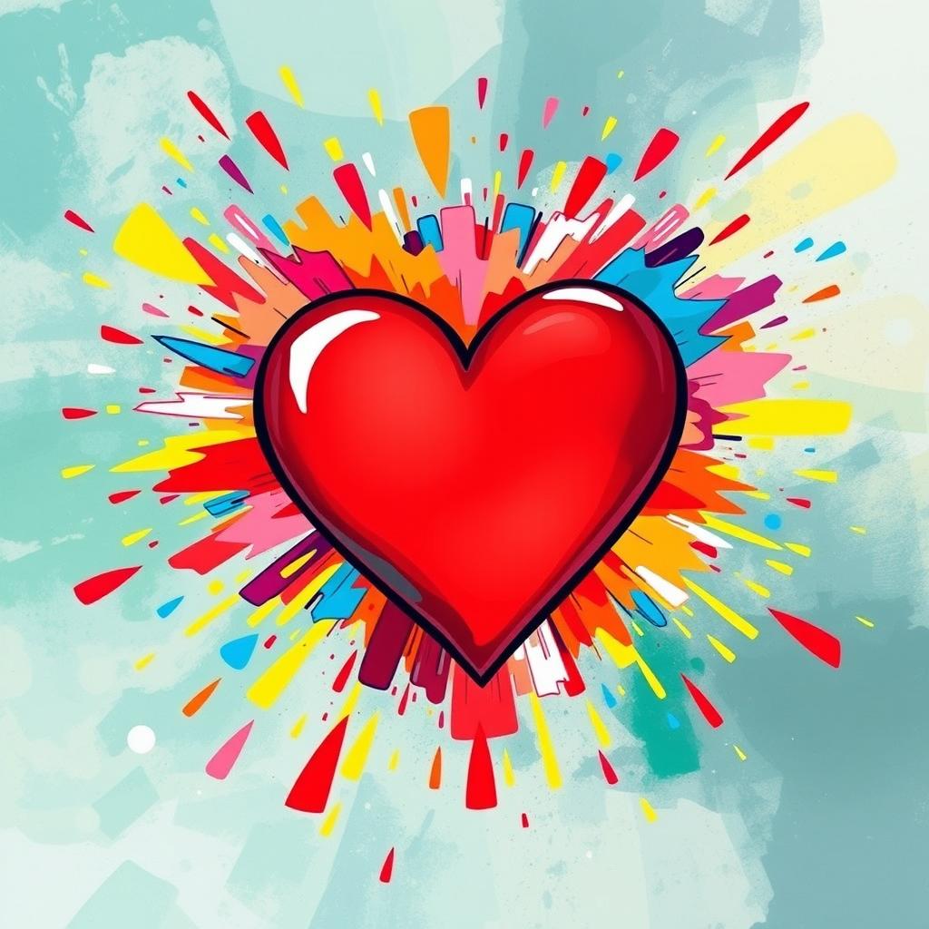 An explosive heart bursting with a radiant array of colors including red, pink, blue, yellow, and green