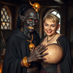 In an ancient medieval tavern illuminated by daylight, a striking scene unfolds featuring a 100-year-old short, malnourished African woman