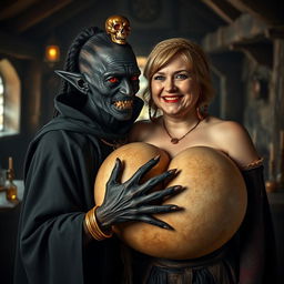 In an ancient medieval tavern illuminated by daylight, a striking scene unfolds featuring a 100-year-old short, malnourished African woman