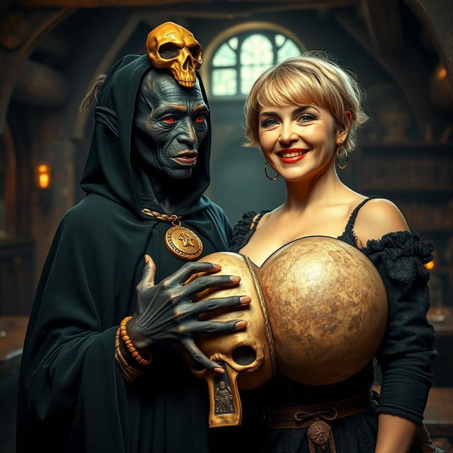 In an ancient medieval tavern illuminated by daylight, a striking scene unfolds featuring a 100-year-old short, malnourished African woman