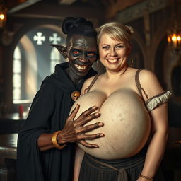 In an ancient medieval tavern illuminated by daylight, a striking scene features a 100-year-old short, malnourished African woman