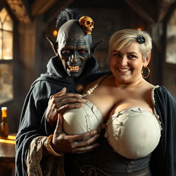 In an ancient medieval tavern illuminated by daylight, a striking scene features a 100-year-old short, malnourished African woman