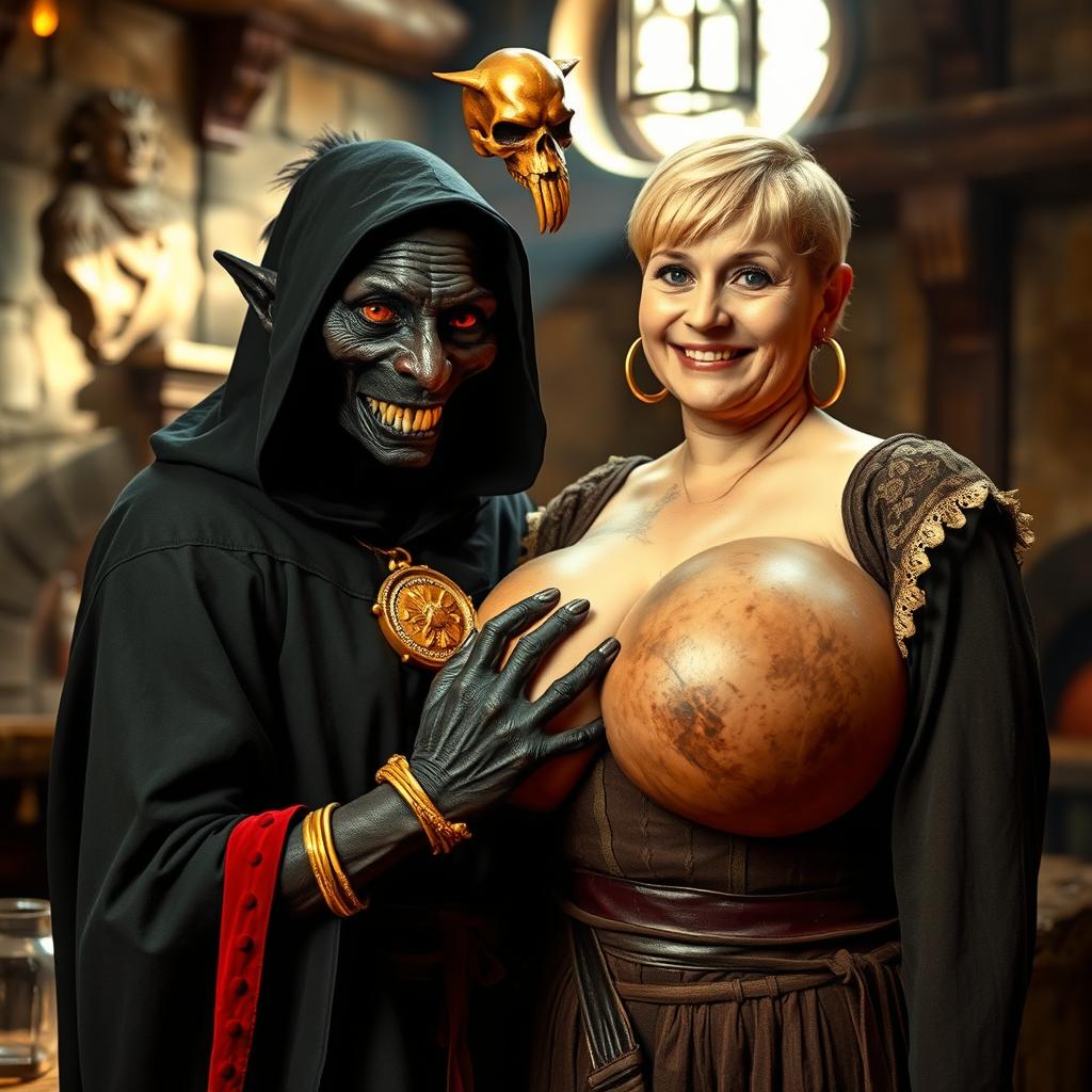 In an ancient medieval tavern illuminated by daylight, a striking scene features a 100-year-old short, malnourished African woman