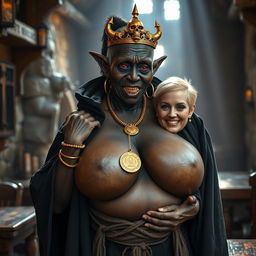 In an ancient medieval tavern illuminated by daylight, a striking scene unfolds featuring an 80-year-old short, malnourished African woman