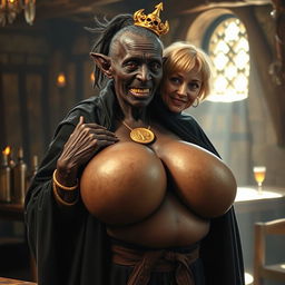 In an ancient medieval tavern illuminated by daylight, a striking scene unfolds featuring an 80-year-old short, malnourished African woman