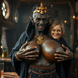 In an ancient medieval tavern illuminated by daylight, a striking scene unfolds featuring an 80-year-old short, malnourished African woman