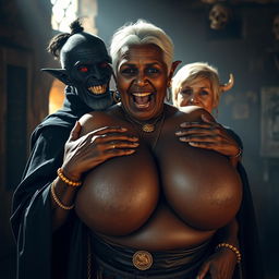 In an ancient medieval brothel bathed in daylight, a captivating scene features an 80-year-old short, malnourished African woman with deeply black skin and demonic red eyes, dressed in a long closed black cloak