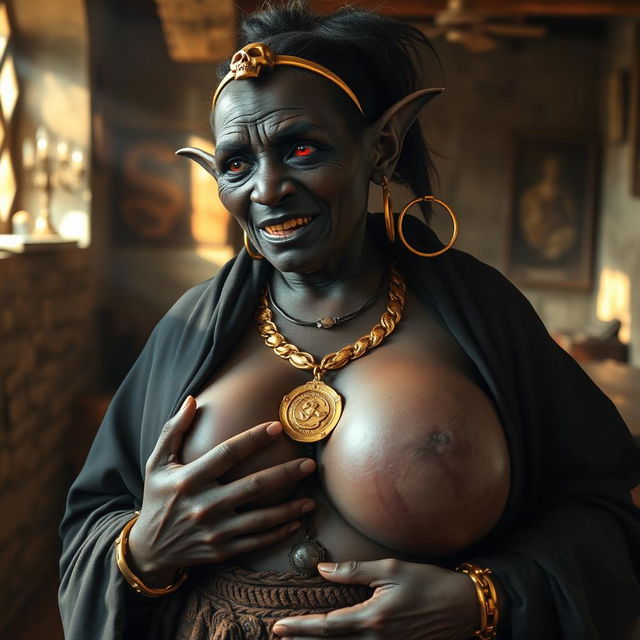 In an ancient medieval brothel bathed in daylight, a captivating scene features an 80-year-old short, malnourished African woman with deeply black skin and demonic red eyes, dressed in a long closed black cloak