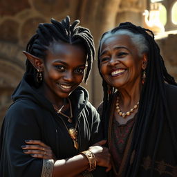 Em um bordel medieval antigo banhado pela luz do dia, uma mulher jovem africana de pele escura e olhos avermelhados, com uma aura demoníaca, veste um longo manto preto