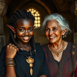 Em um bordel medieval antigo banhado pela luz do dia, uma mulher jovem africana de pele escura e olhos avermelhados, com uma aura demoníaca, veste um longo manto preto
