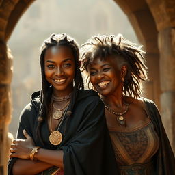 Em um bordel medieval antigo banhado pela luz do dia, uma mulher jovem africana de pele escura e olhos avermelhados, com uma aura demoníaca, veste um longo manto preto