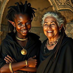 Em um bordel medieval antigo banhado pela luz do dia, uma mulher jovem africana de pele escura e olhos avermelhados, com uma aura demoníaca, veste um longo manto preto