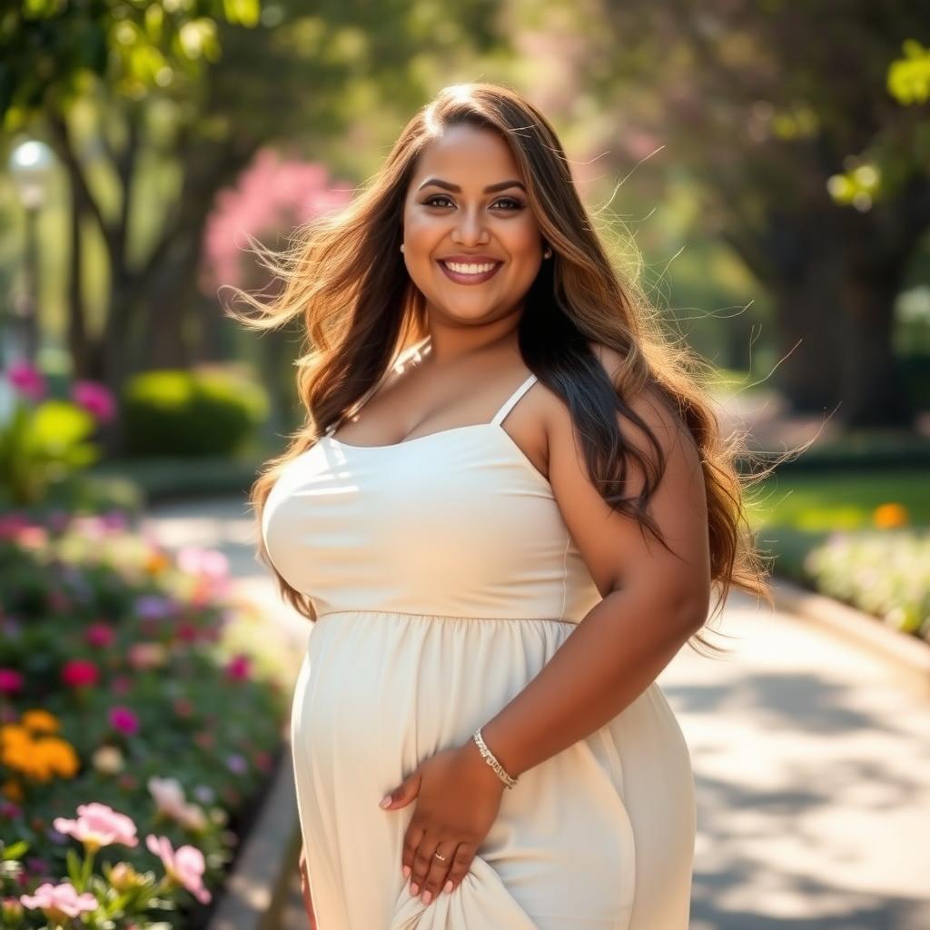 A stunning portrait of a confident plus-size woman, standing gracefully in a sunlit park, surrounded by vibrant flowers