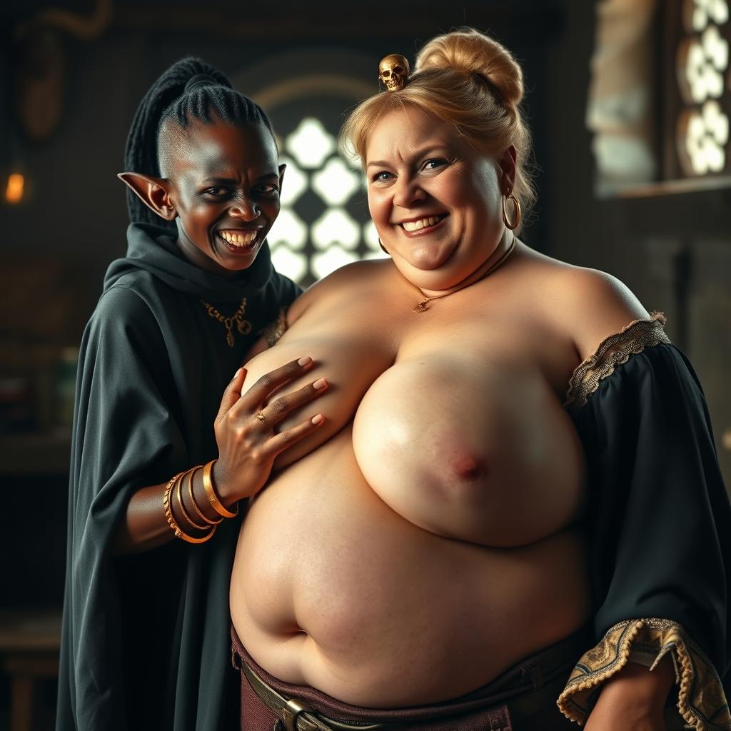 In a medieval brothel illuminated by daylight, a very short, malnourished 20-year-old African woman with deep black skin and reddish eyes stands wearing a long, fully closed black cloak, exuding intense anger