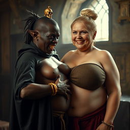 In a medieval brothel illuminated by daylight, a very short, malnourished 20-year-old African woman with deep black skin and reddish eyes stands wearing a long, fully closed black cloak, exuding intense anger