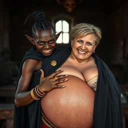 In a medieval brothel illuminated by daylight, a very short, malnourished 20-year-old African woman with deep black skin and reddish eyes stands wearing a long, fully closed black cloak, exuding intense anger