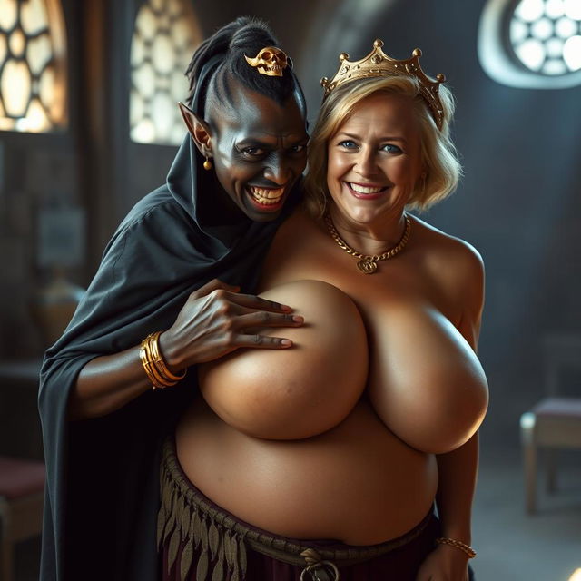 In a medieval brothel illuminated by daylight, a very short, malnourished 20-year-old African woman with deep black skin and reddish eyes stands wearing a long, fully closed black cloak, exuding intense anger