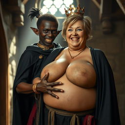 In a medieval brothel illuminated by daylight, a very short, malnourished 20-year-old African woman with deep black skin and reddish eyes stands wearing a long, fully closed black cloak, exuding intense anger