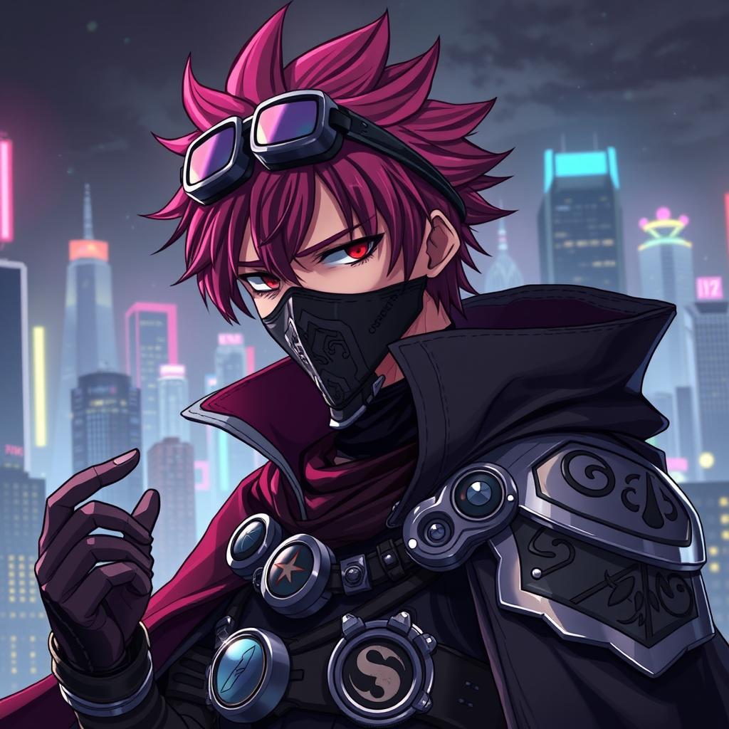 A male otaku villain character, wearing a detailed, dark-themed anime-inspired costume with intricate armor and accessories