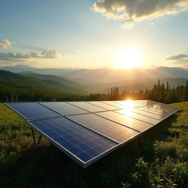 A beautiful scene of solar panels installed in the foreground, surrounded by the stunning Siberian nature