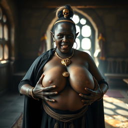 In a medieval brothel illuminated by daylight, a very short, malnourished 20-year-old African woman with deep black skin and reddish eyes stands wearing a long, fully closed black cloak, her expression filled with intense anger