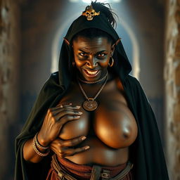 In a medieval brothel illuminated by daylight, a very short, malnourished 20-year-old African woman with deep black skin and reddish eyes stands wearing a long, fully closed black cloak, her expression filled with intense anger