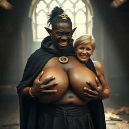 In a medieval brothel illuminated by daylight, a very short, malnourished 20-year-old African woman with deep black skin and reddish eyes stands wearing a long, fully closed black cloak, her expression filled with intense anger