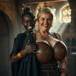 In a medieval brothel bathed in daylight, a very short, malnourished 20-year-old African woman with jet black skin and striking red eyes stands, her expression full of rage