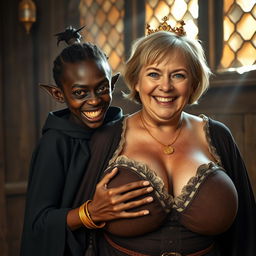 In a medieval brothel bathed in daylight, a very short, malnourished 20-year-old African woman with jet black skin and striking red eyes stands, her expression full of rage