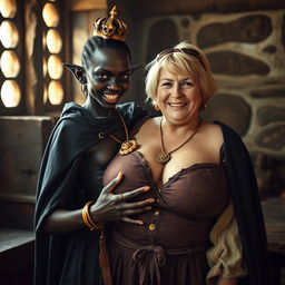 In a medieval brothel bathed in daylight, a very short, malnourished 20-year-old African woman with jet black skin and striking red eyes stands, her expression full of rage