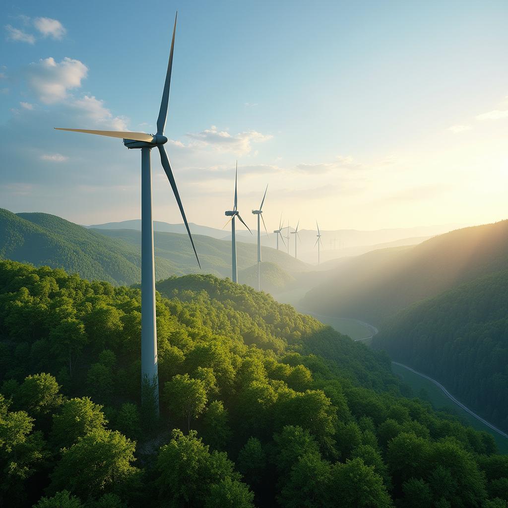 A breathtaking landscape featuring wind turbines standing tall against the backdrop of Siberian nature, showcasing a vibrant and lush environment