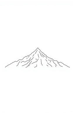 A minimalistic one-line drawing of a majestic mountain range, characterized by its smooth lines and elegant curves, set against a pure white background to emphasize the simplicity and beauty of the design