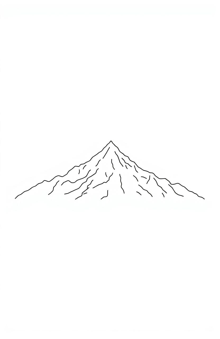 A minimalistic one-line drawing of a majestic mountain range, characterized by its smooth lines and elegant curves, set against a pure white background to emphasize the simplicity and beauty of the design